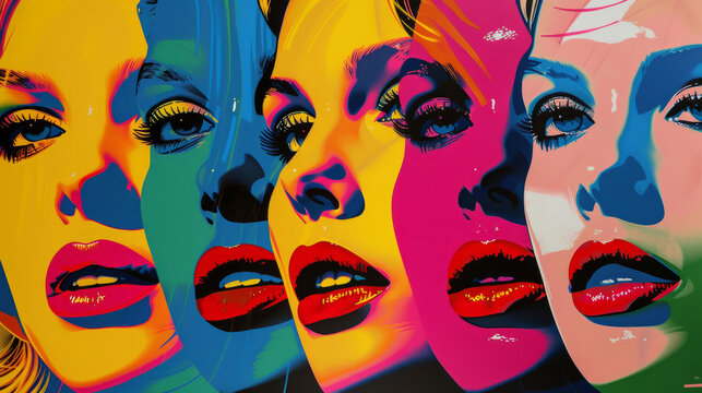 A series of women's faces are painted in different colors. The faces are all smiling and have red lips. The painting is a colorful and cheerful representation of women's beauty and happiness. pop art