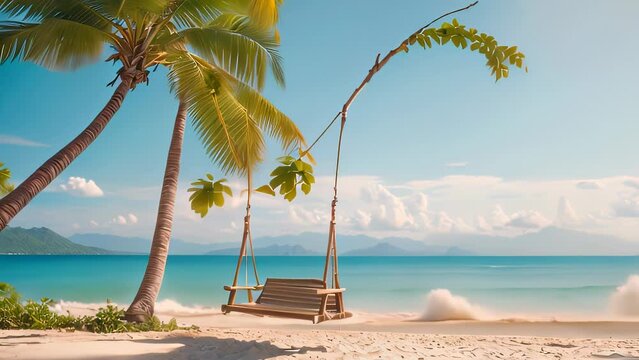 Video animation of beach scene with a swing hanging from a palm tree, overlooking the calm blue ocean under the clear sky