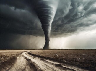 Raging tornado at the with in a dry dirt field with black clouds