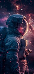 Portrait of an astronaut. Mars colonization or settlement concept. Astronaut in space suit in outer space with nebula reflection in helmet glass - obrazy, fototapety, plakaty