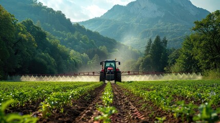 photograph of tractor spraying pesticides on a field of grain, 
