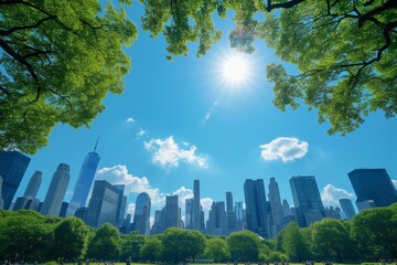 Fototapeta premium A city skyline against a backdrop of radiant blue skies, where sunlight illuminates the architectural wonders that define the urban landscape