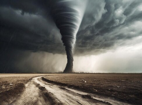 Raging tornado at the with in a dry dirt field with black clouds