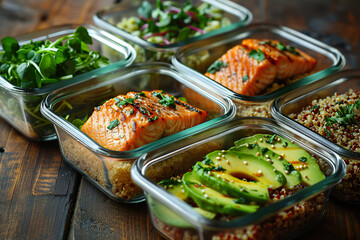 A set of meal prep containers filled with grilled salmon, avocado, quinoa, and fresh greens. 