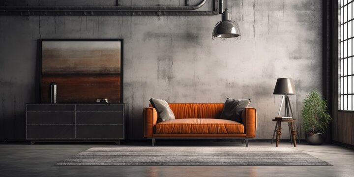 Industrial loft apartment featuring a mock up poster, brown sofa, black stripes commode, coffee table, grey rug, and lamp.