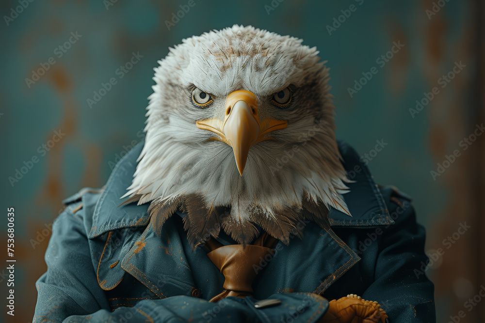 Poster a character in formal attire featuring an eagle's head as a representation of keen vision and strate