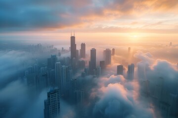 A city skyline amidst a sea of clouds, where skyscrapers pierce the mist like ancient monoliths rising from the depths