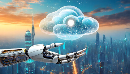 AI robot's hand (cyborg) holding cloud with technology banner concept, cloud services and online data storage