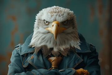 A character in formal attire featuring an eagle's head as a representation of keen vision and strategic thinking. Concept of foresight in decision-making. Generative Ai. - obrazy, fototapety, plakaty