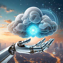 AI robot's hand (cyborg) holding cloud with technology banner concept