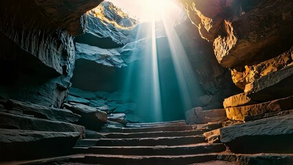 Video animation of breathtaking view of sunlight piercing through an opening in a dark, rocky cave, illuminating the stone steps and walls with a mystical glow - Powered by Adobe