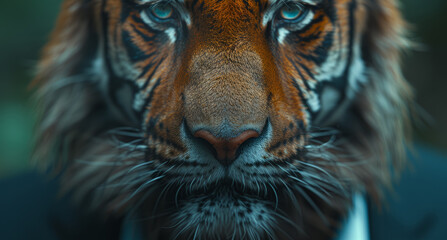 An individual in corporate attire with a tiger's head, symbolizing confidence and boldness in professional endeavors. Concept of fearlessness in business. Generative Ai.