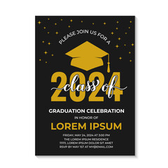 Graduation ceremony invitation card. Black and gold grad party invite. Graduation celebration announcement. Class of 2024 vector template.