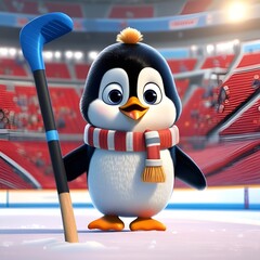 3d penguin with icehockey stick
