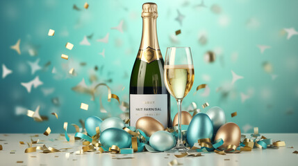 Festive Champagne Celebration with Easter Eggs and Confetti on a Spring Background
 - obrazy, fototapety, plakaty
