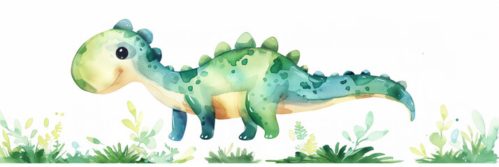 Naklejka premium Watercolor illustrated cute little dinosaur, isolated background, watercolor, white background 