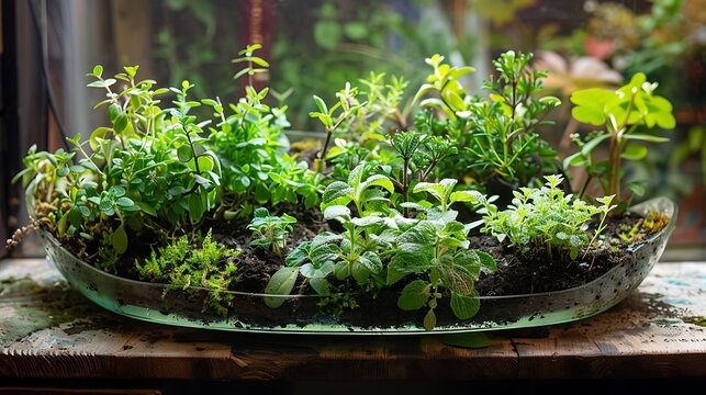 herbs in a terrarium for a whimsical indoor garden scene