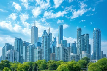 Obraz premium A city skyline set against the canvas of a pristine blue sky, where sunlight dances off the glass facades of towering skyscrapers