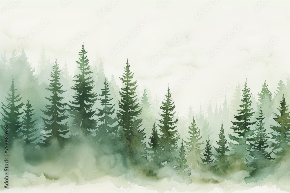 Sticker Watercolor minimalistic forest scene with serene ambiance, watercolor, white background 