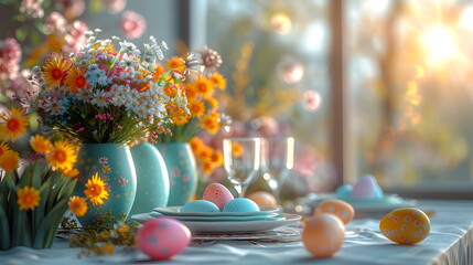 Obraz na płótnie Canvas Festive Easter still life with colorful eggs and spring flowers on a decorated table