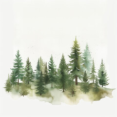 Watercolor minimalistic forest scene with serene ambiance, watercolor, background with place for text