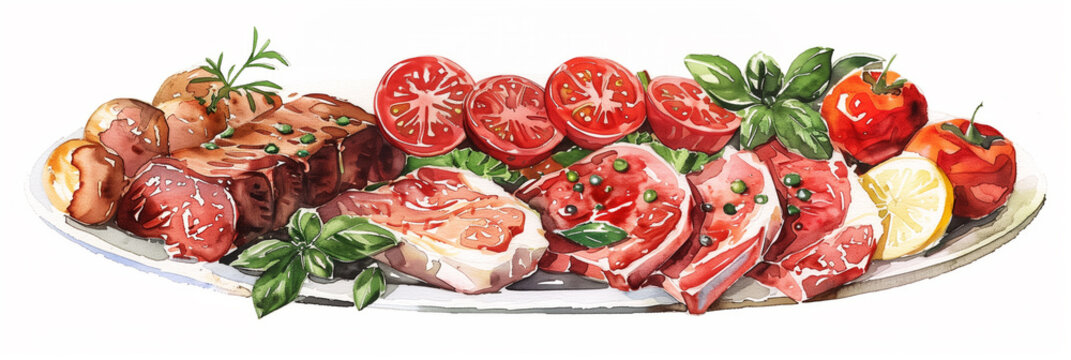 Watercolor meat dishes illustration, isolated on white background, watercolor, white background 