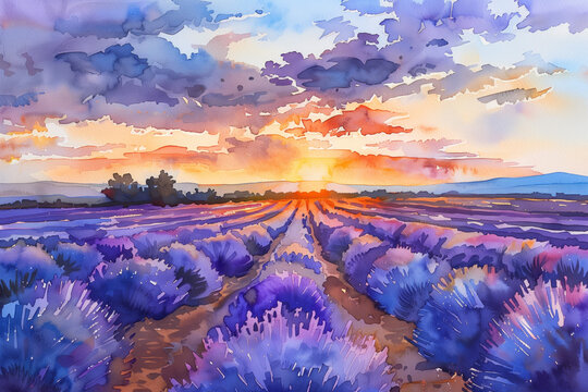 Watercolor painting of a sunset over lavender fields in Provence, France, watercolor, white background 