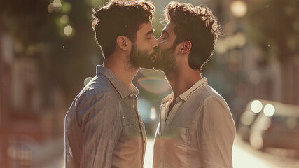 LGBTQ young man couple kissing, romantic scene, romantic gays, young gays is hugging
