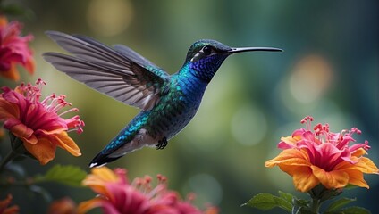 Fototapeta premium Hummingbird on flower. Blue hummingbird flying over spring wildflowers