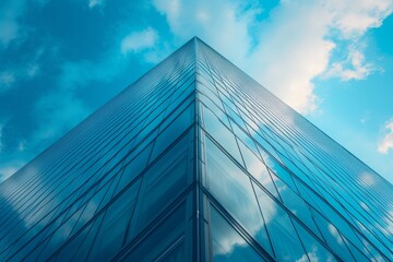 A daylight scene from a pedestrian's perspective, looking up at a towering office building against the bright blue sky