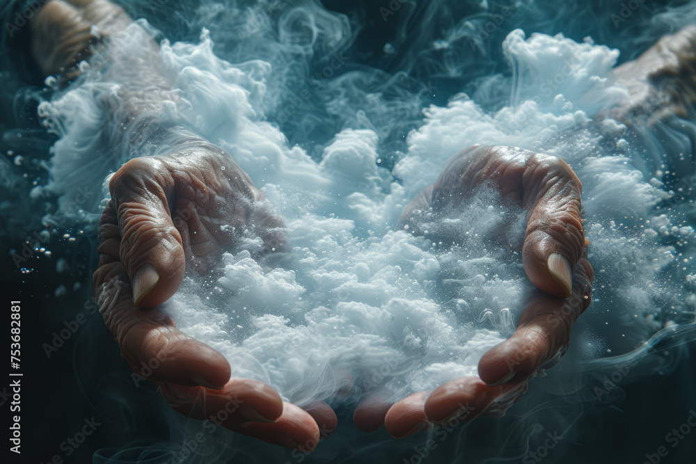 Poster a close-up of hands shaping clouds into various forms, highlighting the creativity and imagination i