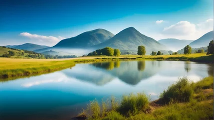 Foto op Plexiglas anti-reflex A serene landscape features a lake in the foreground, with a grassy field and mountains in the background. ai generative © Big