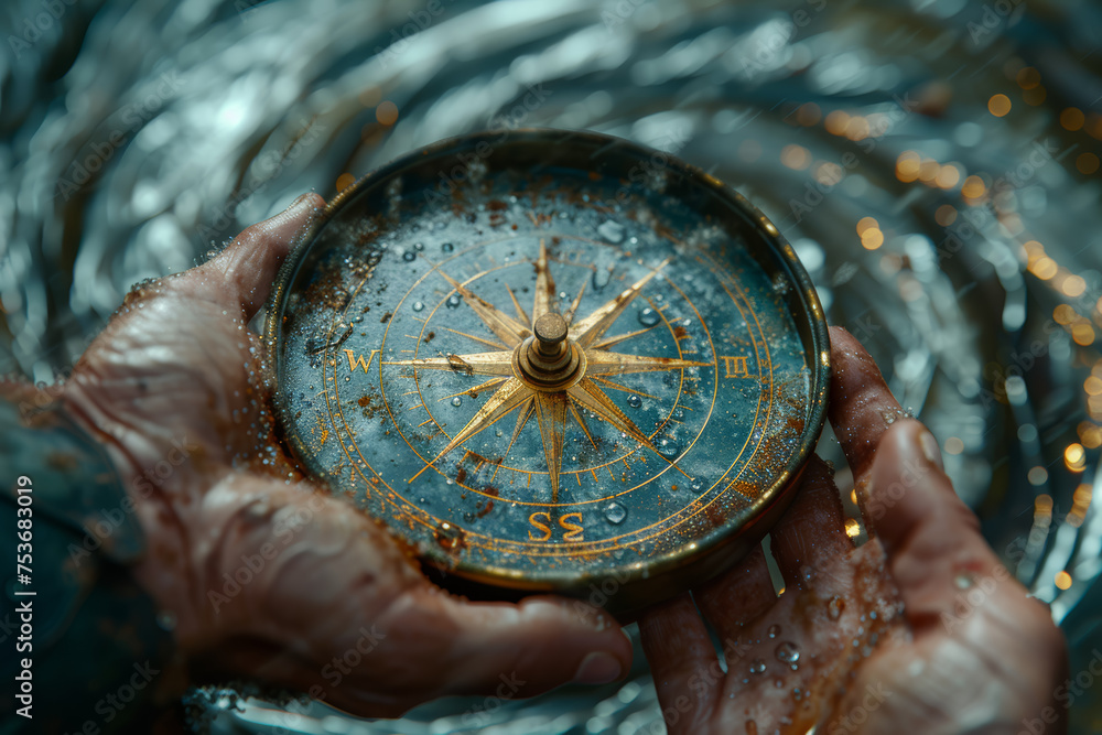 Poster a close-up of hands holding a compass surrounded by swirling winds, symbolizing the navigation and g