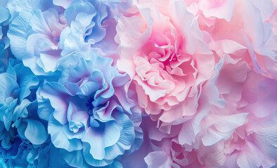 Blue and pink flowers in a collision on a colorful background with vivid colors and striking contrast