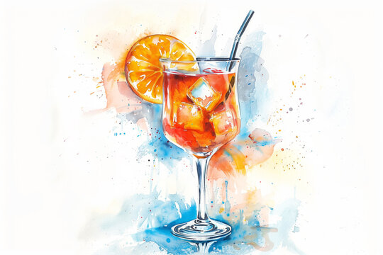 Watercolor spritz cocktail glass with orange sketch on white background, watercolor, white background 