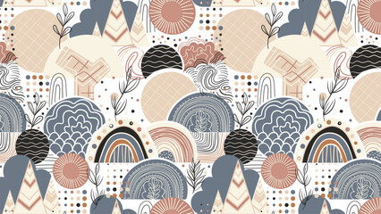 Seamless pattern with hand drawn decorative elements. Scandinavian style. Vector illustration.