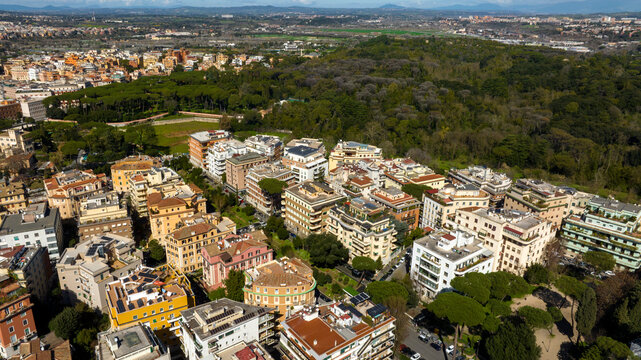 Aerial view of Villa Ada, a large public park in Rome, Italy. This large green area is located in the northern area of the city, between the Parioli, Pinciano and Trieste-Salario district.