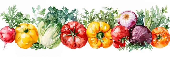 Watercolor vegetable assortment creating vibrant, fresh background, watercolor, white background 