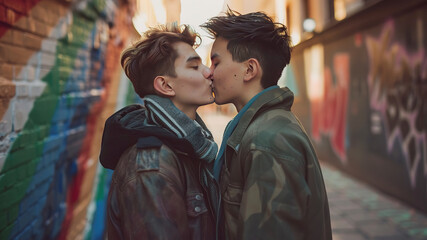 LGBTQ young man couple kissing, romantic scene, romantic gays, young gays is hugging