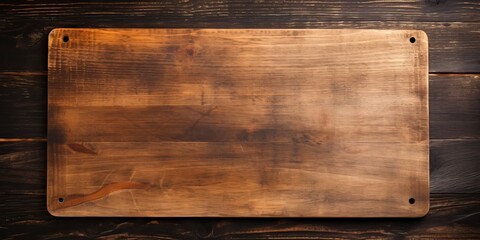 Vintage cutting board set on old wooden table, top view, with space for text or product. Cutting board with black spot on table. - obrazy, fototapety, plakaty