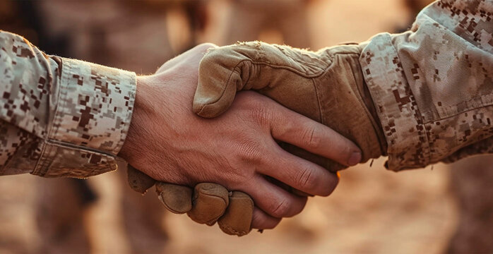 Military shake hands, peace negotiations, end of war - AI generated image