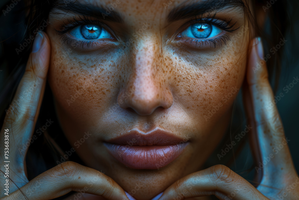 Poster a close-up of a person's face with hands forming a heart shape around the mind, symbolizing the conn
