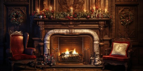 Fireplace in a Victorian Christmas ambiance. - obrazy, fototapety, plakaty