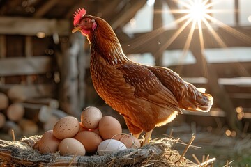A proud hen stands beside freshly laid eggs, basking in the warm glow of sunlight inside a rustic barn