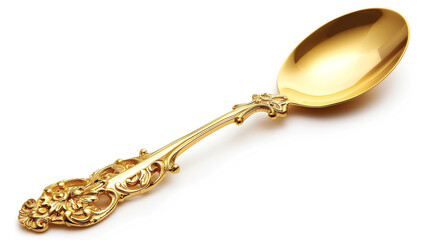 A luxurious golden spoon with ornate details, set against a simple white background.