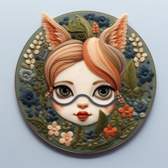 An embroidered portrait of an anthropomorphic fox girl surrounded by delicate wildflowers. Floral patterns frame a woman charming face with animal ears. A beautiful textile design. AI-generated