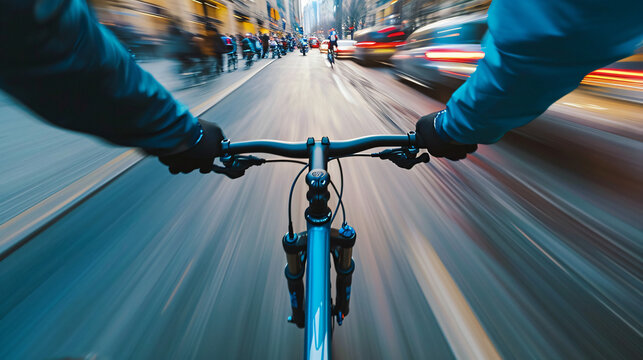 Cyclist riding with high speed first person view in the city streets, concept of sustainable mobility.