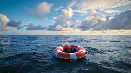 The orange lifebuoy floats on the open sea, Concept of Safety and Hope, space for text - obrazy, fototapety, plakaty