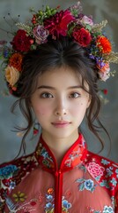Fototapeta premium Asian female is depicted wearing red Chinese clothing, adorned with a wreath of flowers on her head
