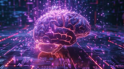 Digital art portrays a human brain shaped with purple neural connection lines and glowing dots